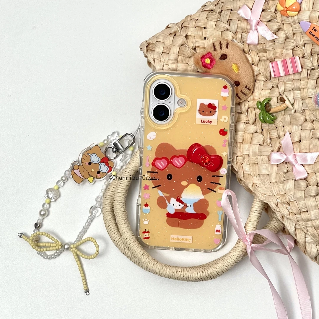 可爱卡通吃冰黑皮hellokitty适用苹果16promax细闪手机壳15/14/13