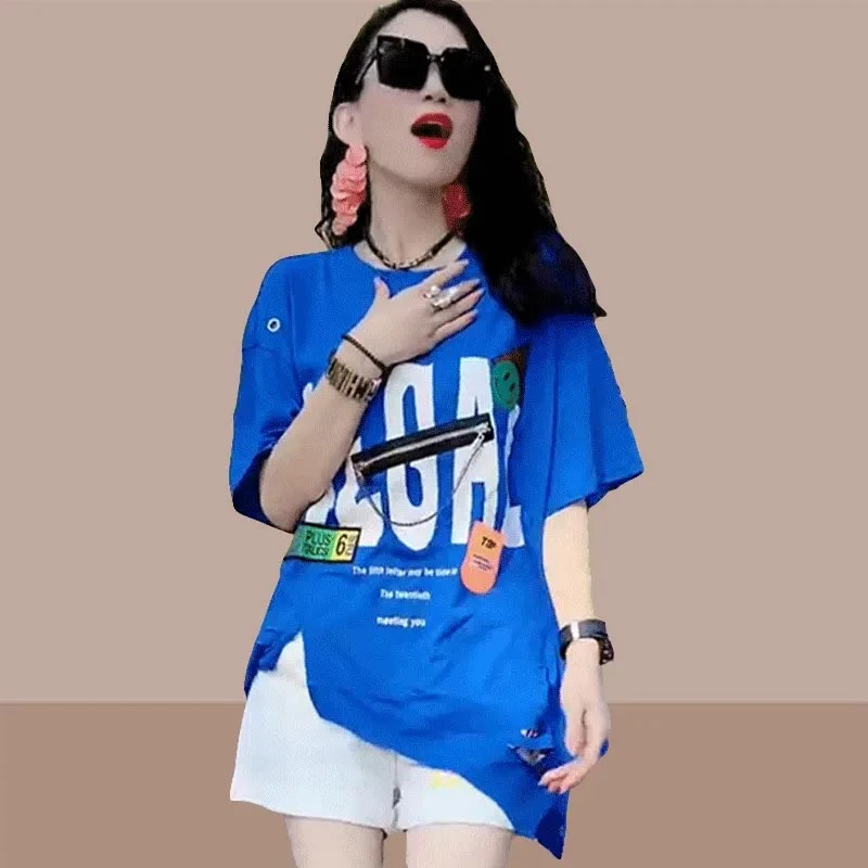 休闲百搭显瘦2025年夏季新款女装上衣T恤时髦拼接圆领韩版短袖潮