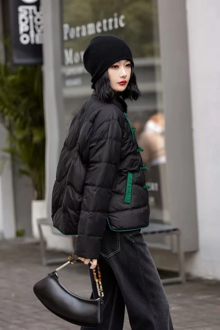 水貂毛领复古文艺盘扣羽绒服黑色