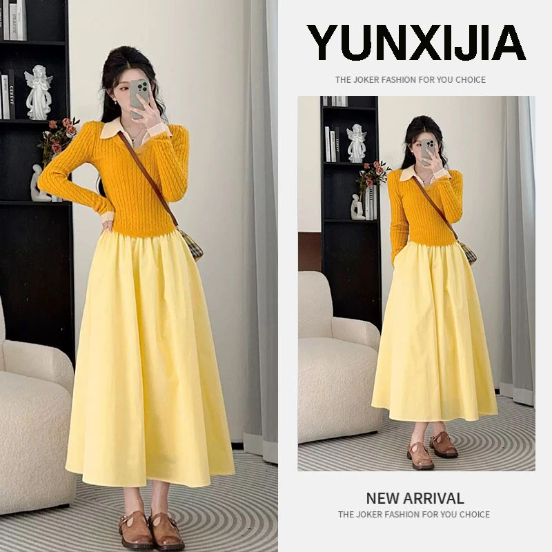 2025年早春季新款设计感假两件针织衫女显瘦长袖上衣半身裙两件套