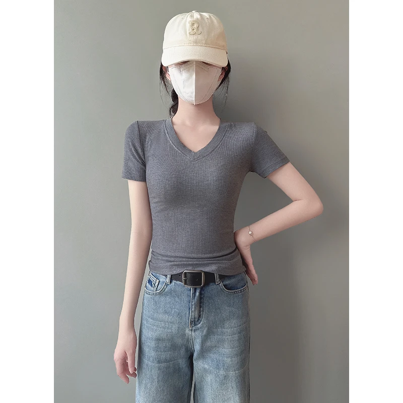 时尚螺纹V领短袖t恤女款夏季2025新款低领修身打底衫百搭显瘦上衣