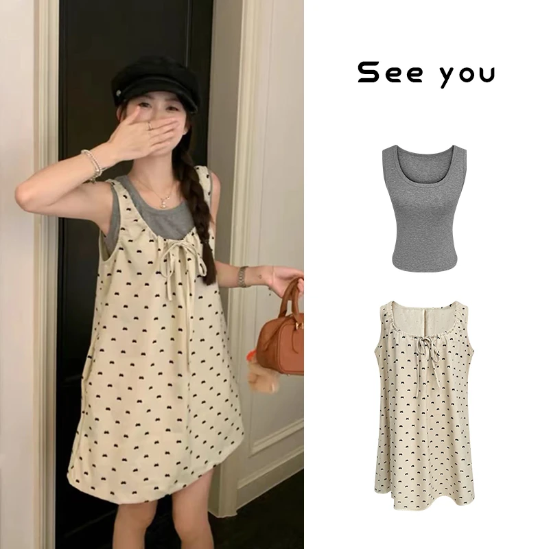 尼亚美拉画社双层吊带小众夏季连衣裙抽绳设计感蝴蝶结背心裙z089