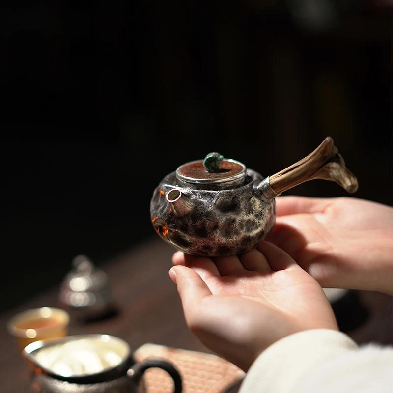 足银999纯手工泡茶壶岩石锤坑古朴泡茶壶中式家用泡茶银壶 百凹