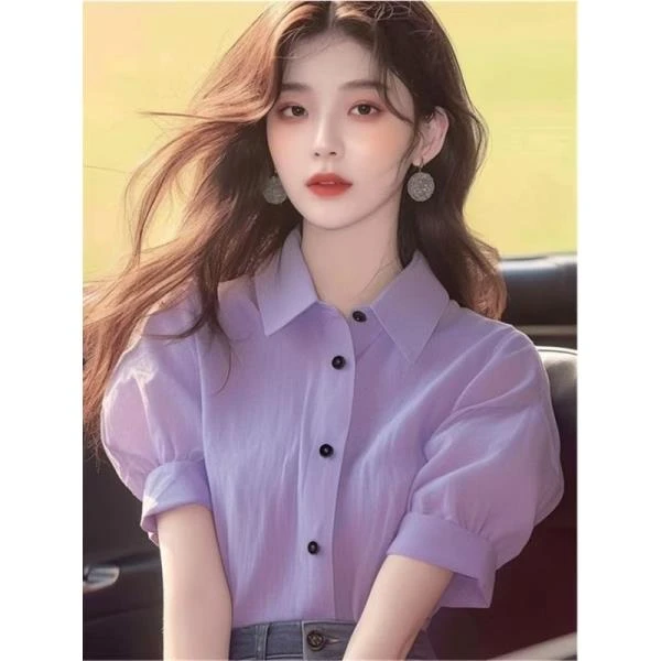 洋气独特别致上衣夏款女装2025新款小衫淡紫色Polo领泡泡短袖衬衫