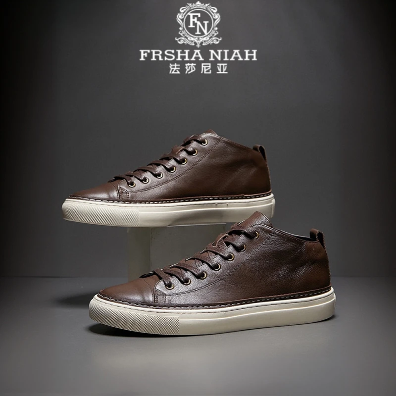 法莎尼亚秋冬季新款高帮鞋男士加绒真皮英伦风复古休闲高级感皮鞋