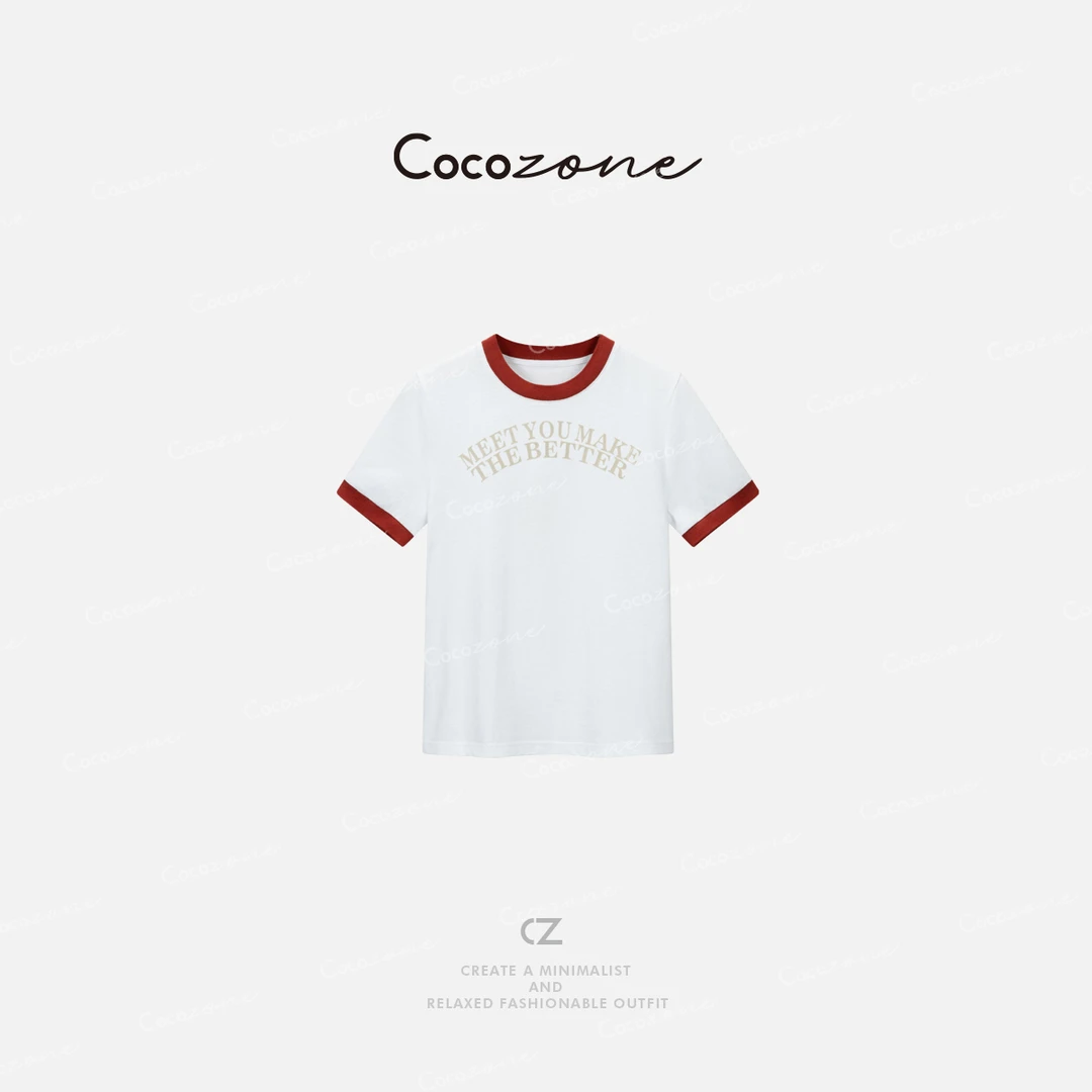 COCO ZONE刘一一【亚麻棉】撞色拼接印花局限短袖T恤ACD2A0446