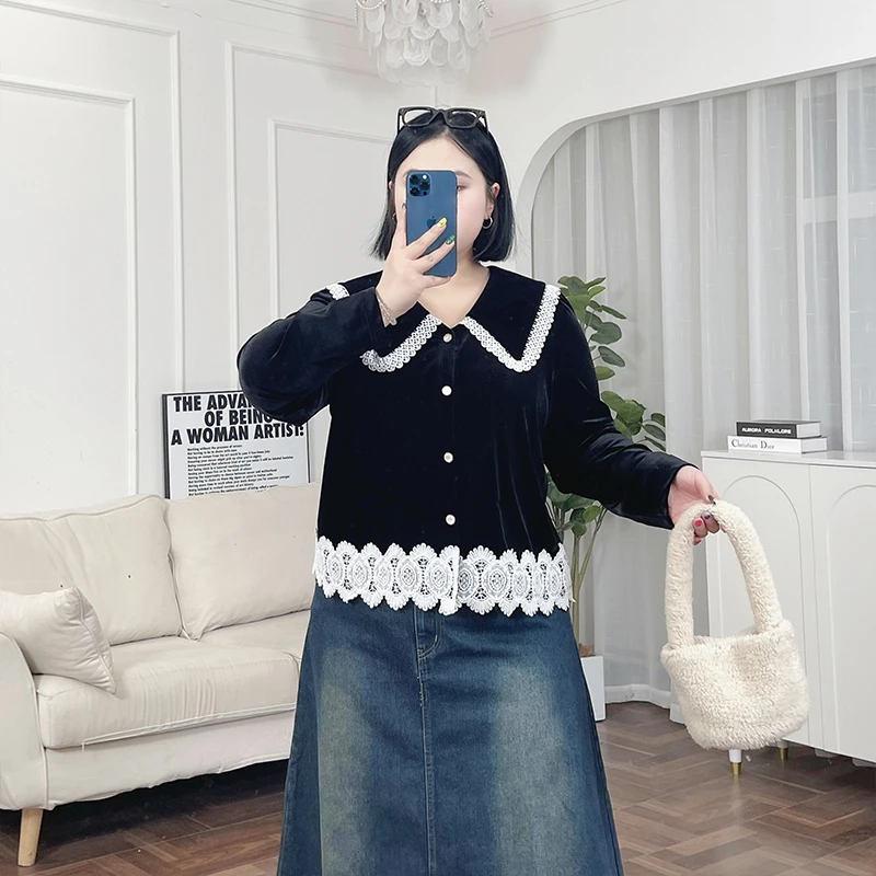 也门亚丁 / 复古蕾丝娃娃领衬衫女上衣13260花契200斤胖mm时尚