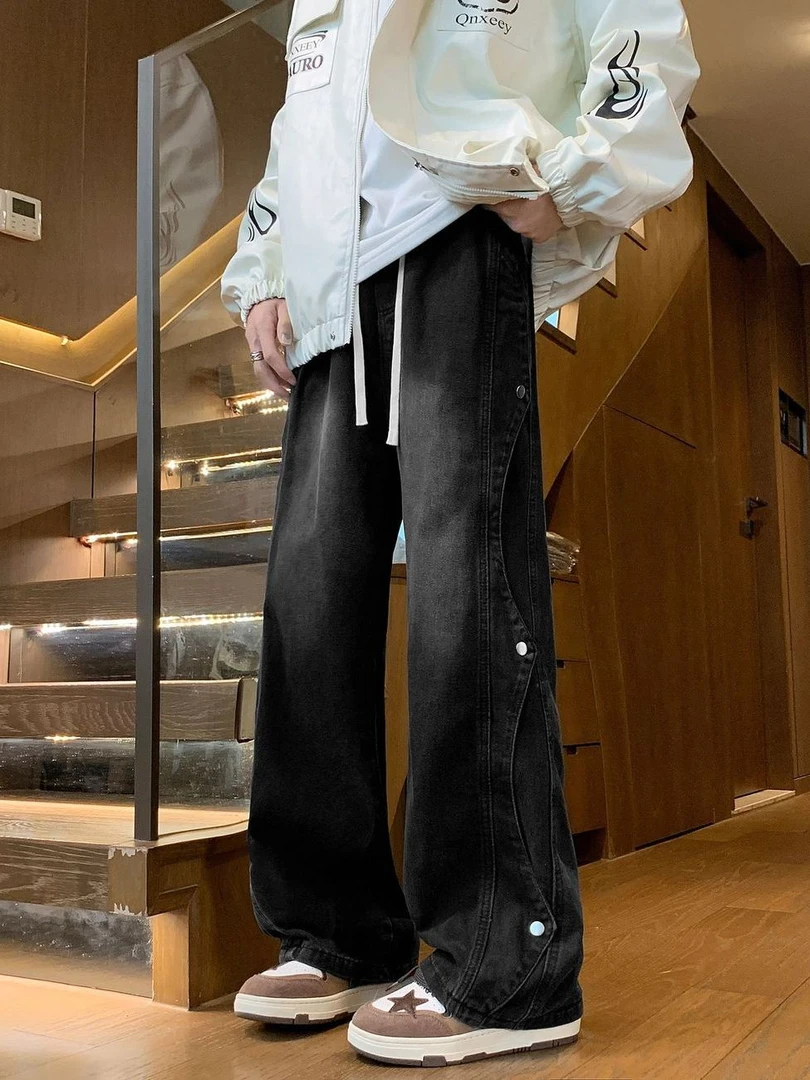2025年秋季新款美式宽松阔腿高街显瘦潮牌拼接痞帅直筒牛仔裤男士