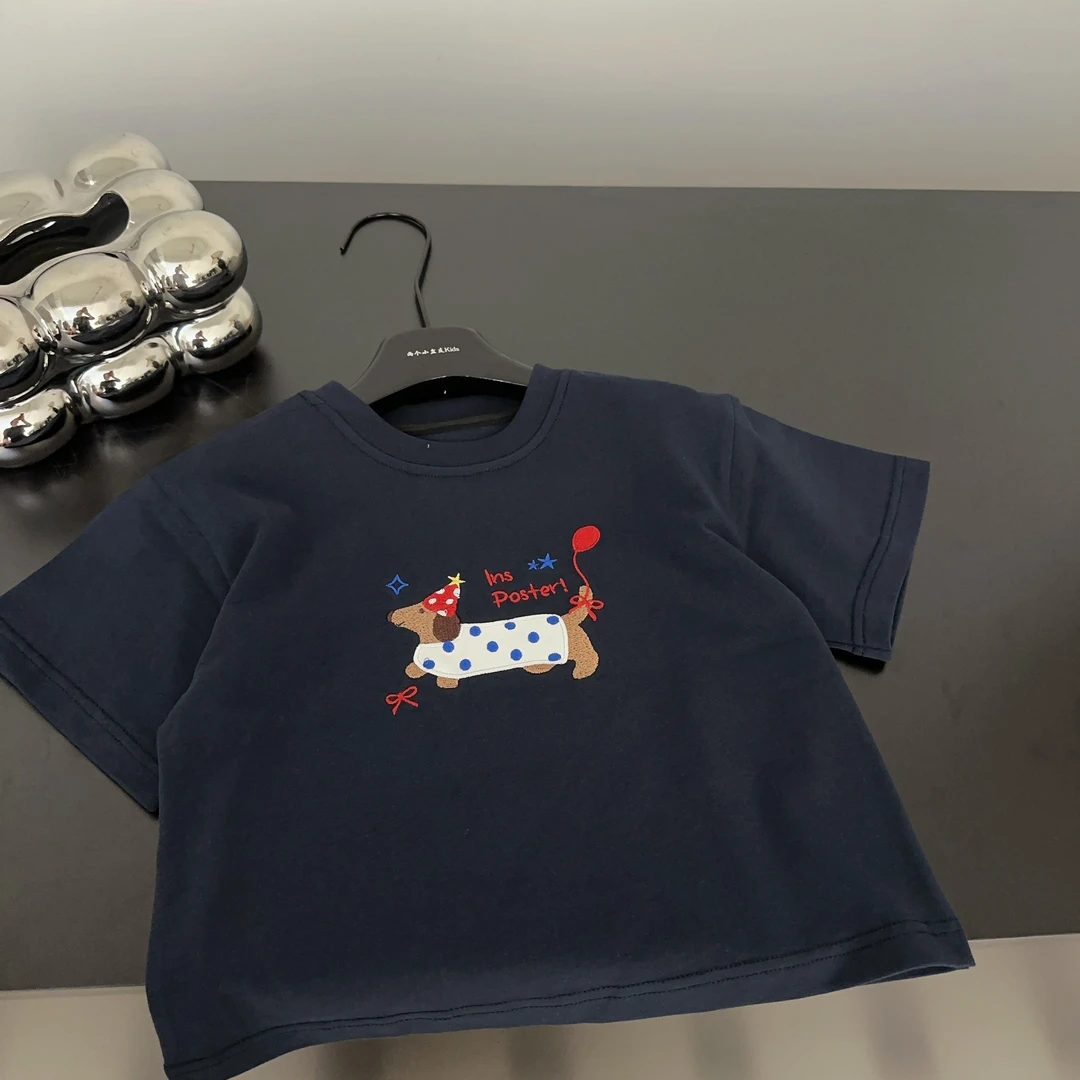 【两个小盆友】2025夏季儿童韩版宽松休闲短袖卡通刺绣纯棉T恤5112