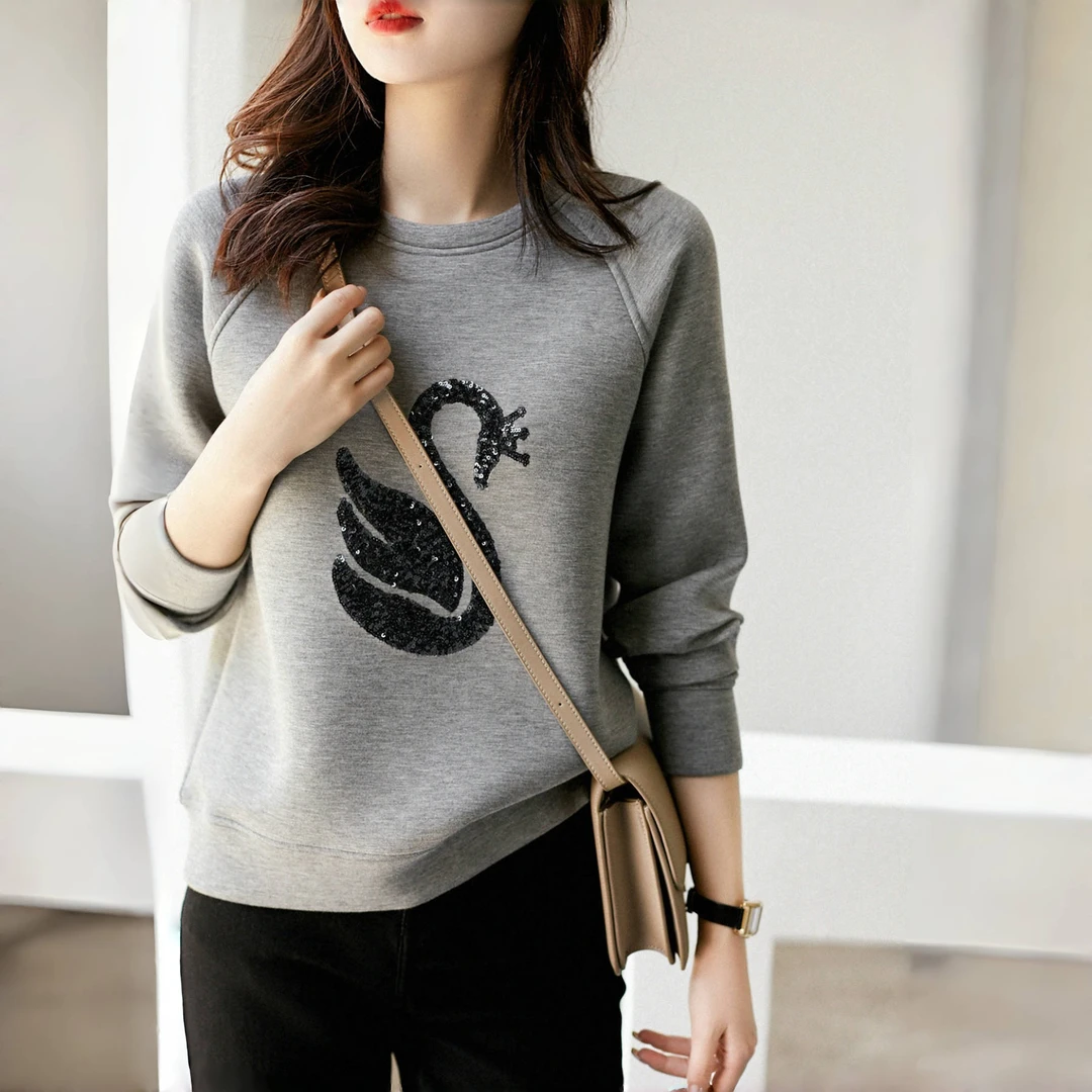 套头卫衣女2024秋冬新款韩版刺绣时尚休闲宽松圆领插肩袖长袖上衣