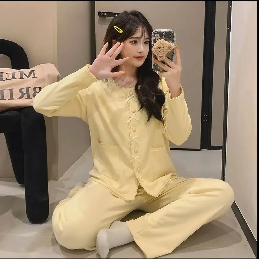 新款带胸垫秋冬季少女绒带胸垫保暖开衫睡衣公主风家居服休闲甜美