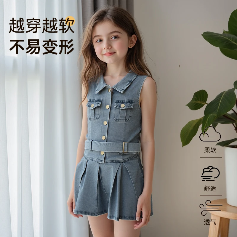 2025夏装女童牛仔裙无袖翻领连衣裙儿童韩版学院风收腰透气潮
