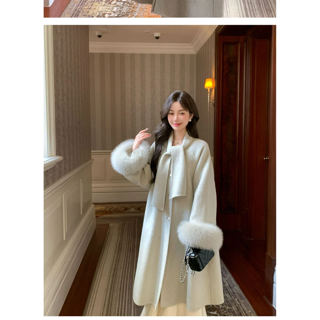 柔光霁月2025新款羊毛双面呢大衣女高级感加厚羊绒外套狐狸毛袖口
