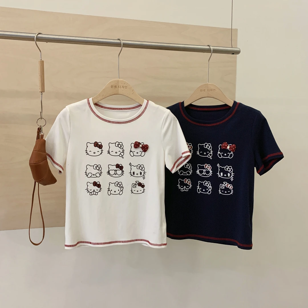 【撞色凯蒂】东大门韩系夏款卡通凯蒂猫印花立体装饰锁边T恤2986