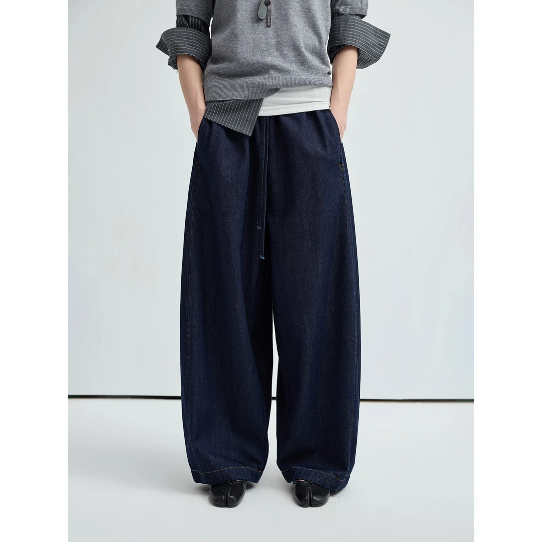 JUSLIN 麻棉混纺 舒适可调节抽绳解构分割弧形九分牛仔裤 L0721