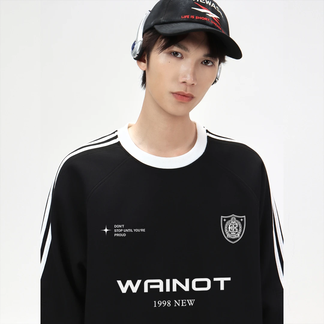 WAINOT美式复古撞色三杠圆领卫衣秋季男女同款360g重磅黑色上衣