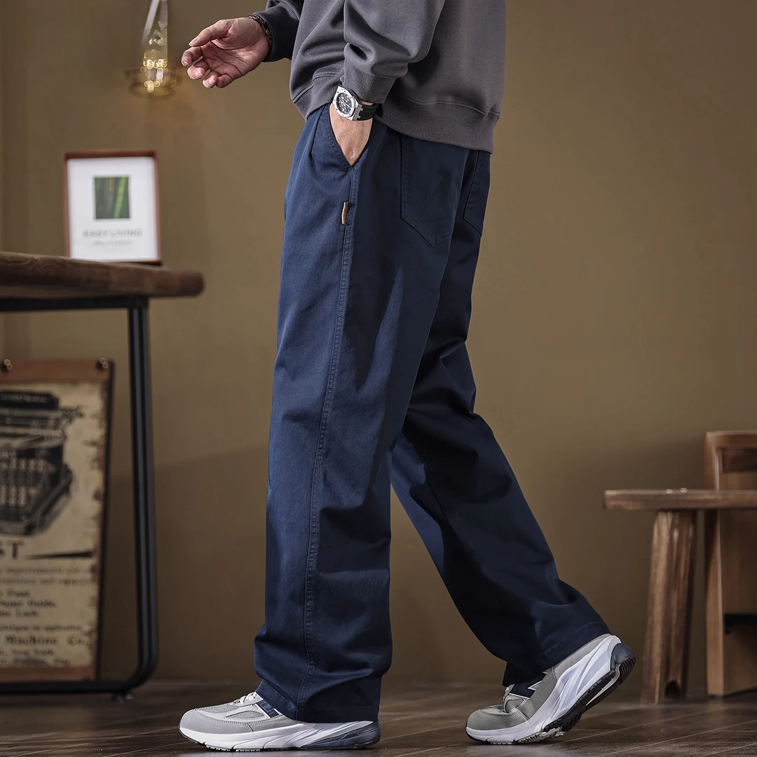 简约直筒休闲裤男士2025秋冬新款复古宽松百搭垂感阔腿加绒工装裤