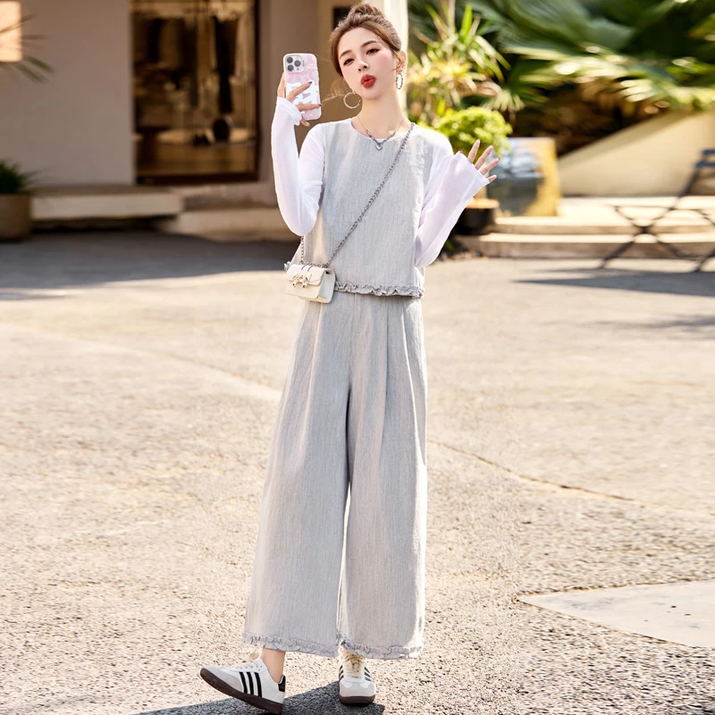 休闲小个子套装女2025年春夏新款韩系小香风减龄马甲阔腿裤三件套