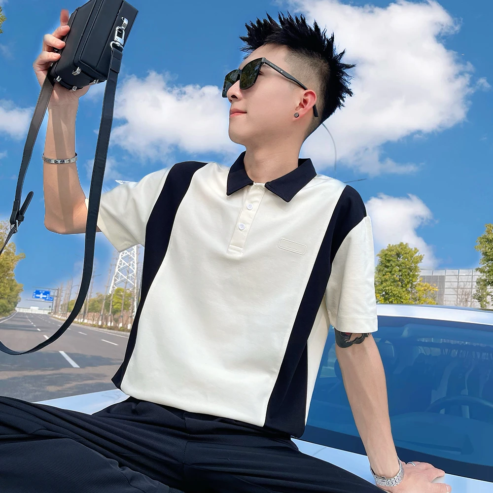 夏季新款T恤男装美式设计感撞色短袖POLO衫上衣短袖时尚百搭男士