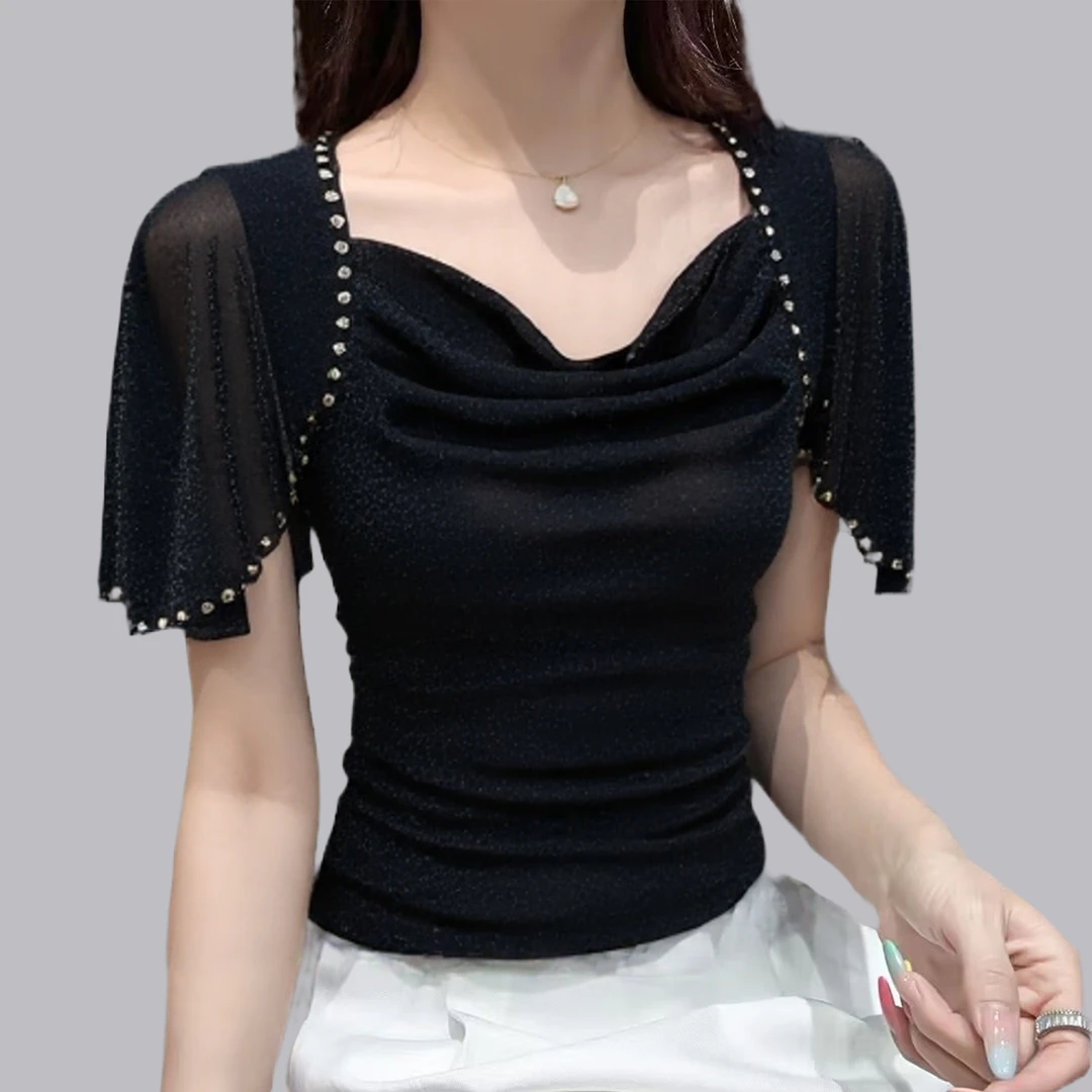 广场舞摩登舞镶钻上衣高级感t恤女短袖半袖拉丁舞舞蹈服