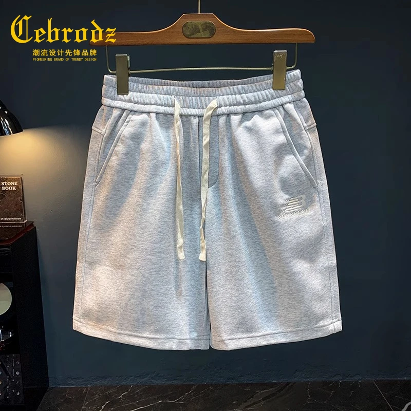 法国Cebrodz绣花运动五分裤松紧腰短裤男夏季薄直筒中裤大码针织