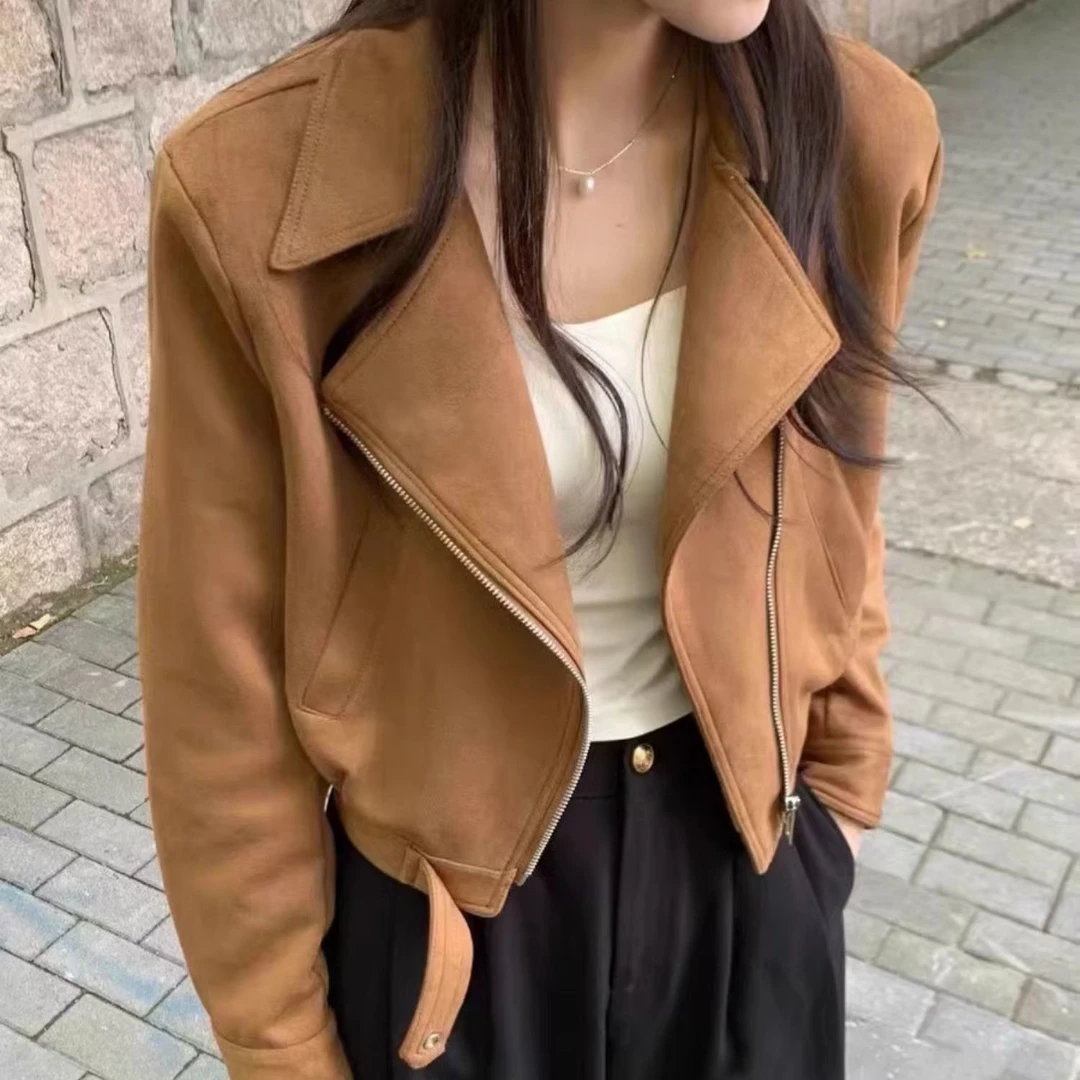 2025春秋新款麂皮绒短外套西装领长袖短款小个子休闲宽松夹克上衣