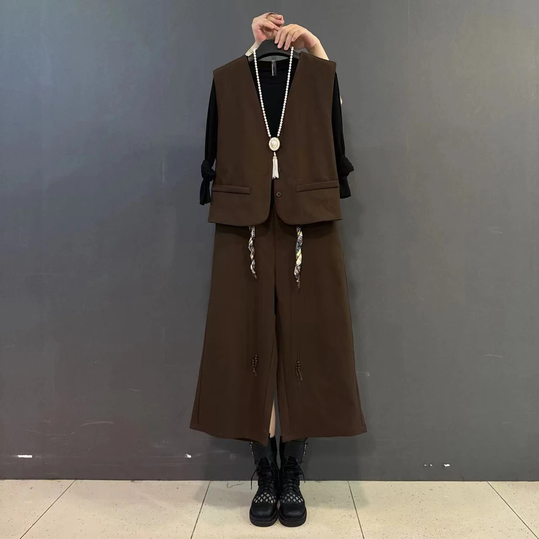 大码秋季新款圆领打底马甲丝带阔腿裤高智感通勤风三件套