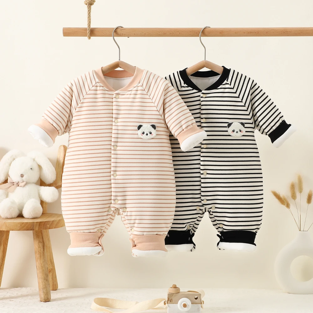 幼儿条纹棉服宝宝秋冬衣服保暖外出服加厚连体衣夹棉冬装哈衣爬服