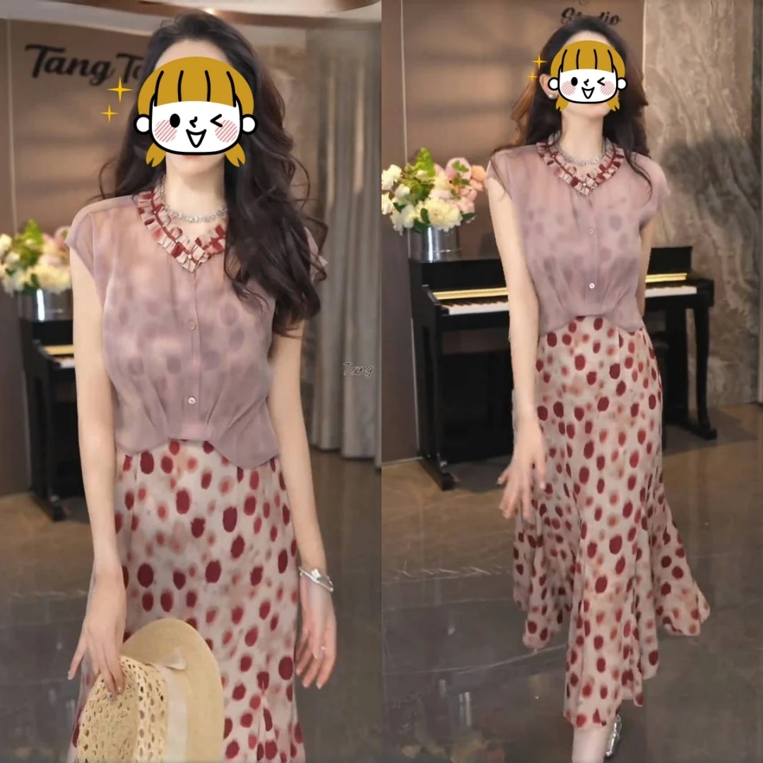 2025夏季新款时尚气质显瘦短袖薄款罩衫中长款无袖连衣裙两件套装