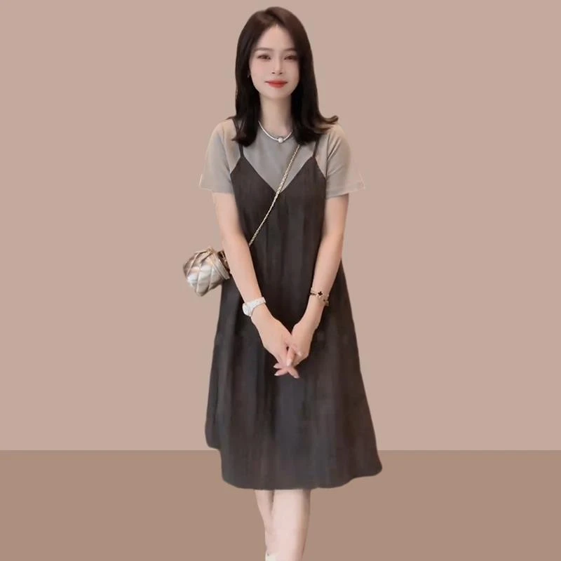 假两件吊带连衣裙女夏季大码遮肚子显瘦洋气减龄欧洲站欧货T恤裙