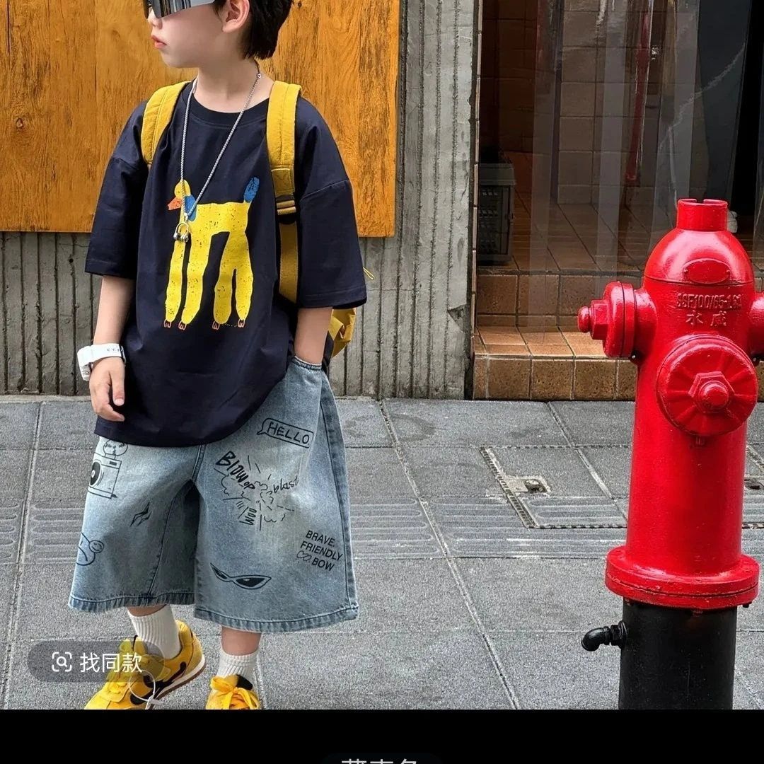 夏季新款儿童2025韩版洋气印花短袖T恤男童休闲百搭涂鸦牛仔短裤