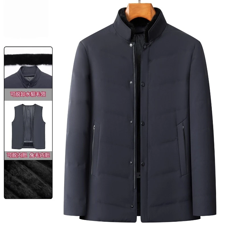 中老年男羽绒尼克服可脱卸水貂毛领兔毛内胆爸爸装多口袋保暖外套