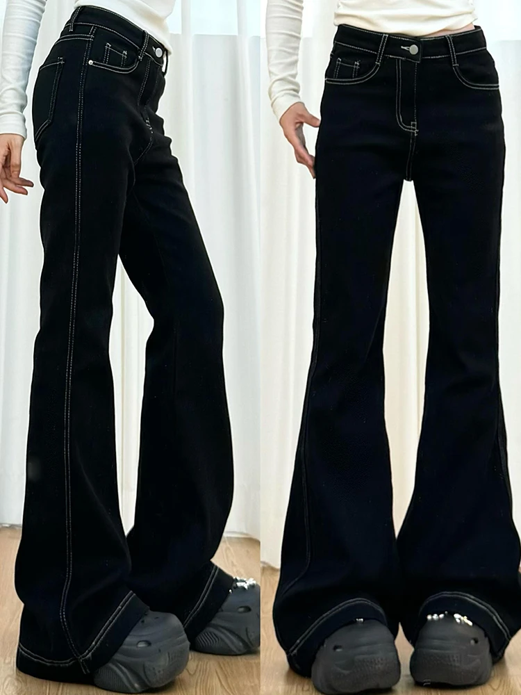 黑色美式明线微喇牛仔裤女秋季新款大码胖mm高腰显瘦遮胯马蹄裤子