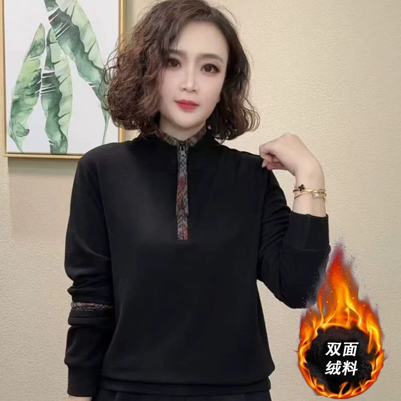 中老年时尚显瘦中年宽松加绒打底衫长袖保暖冬季新款妈妈t恤上衣