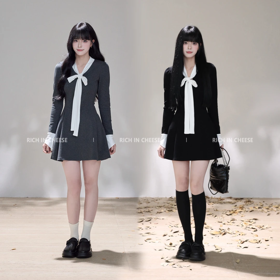 RICHINCHEESE 孟加海岸 秋冬蝴蝶结系带撞色设计针织收腰连衣裙