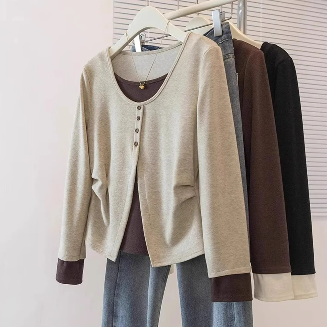 新款纯棉正肩假两件修身内搭上衣t恤秋冬季不规则通勤拼接长袖女