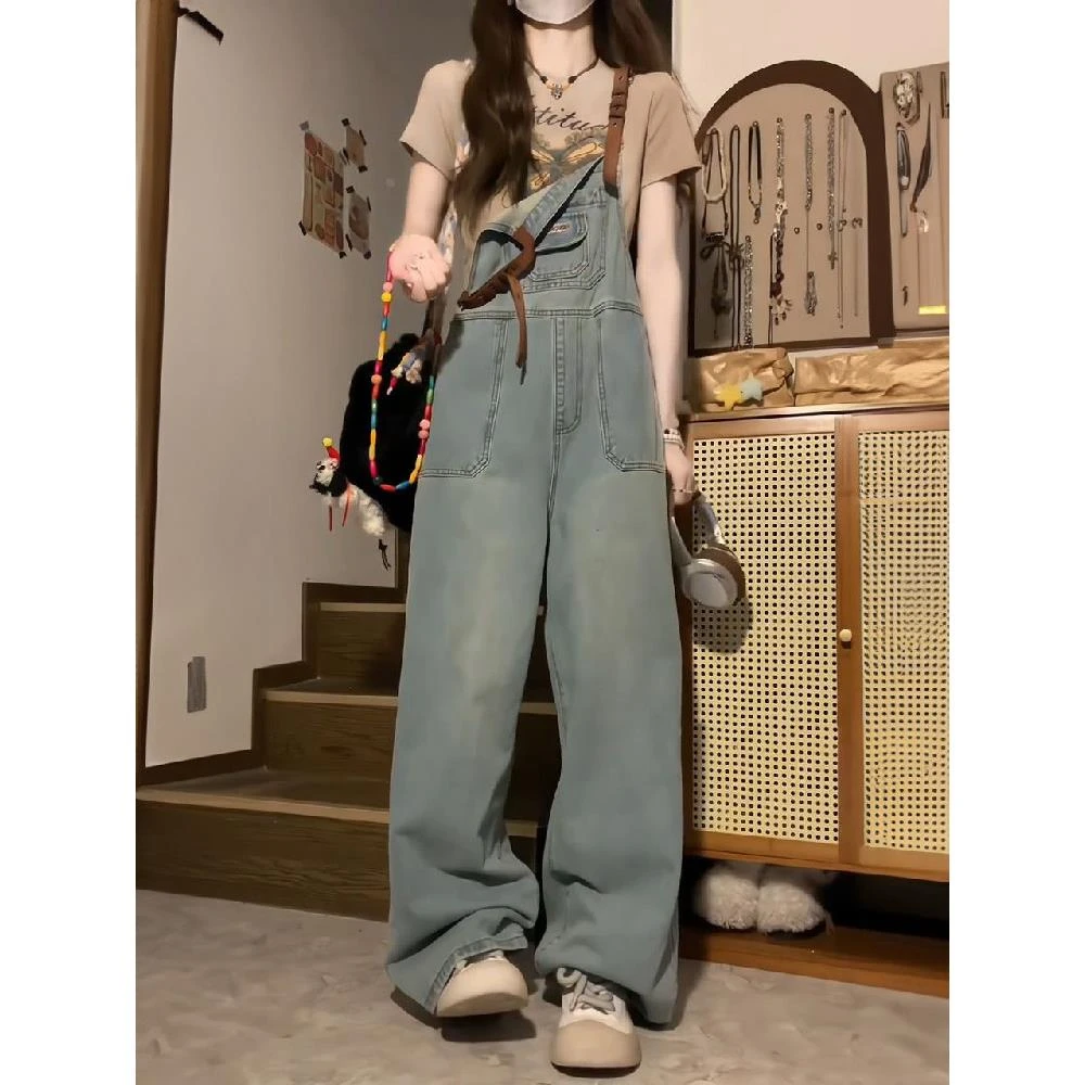奶fufu背带裤女夏薄款小个子2024新款网红炸街高腰直筒吊带牛仔裤