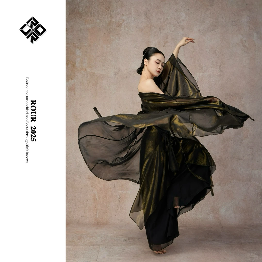 新品ROUR【浮影】黑金大摆纱衣飘逸舞台表演服国风纱衣
