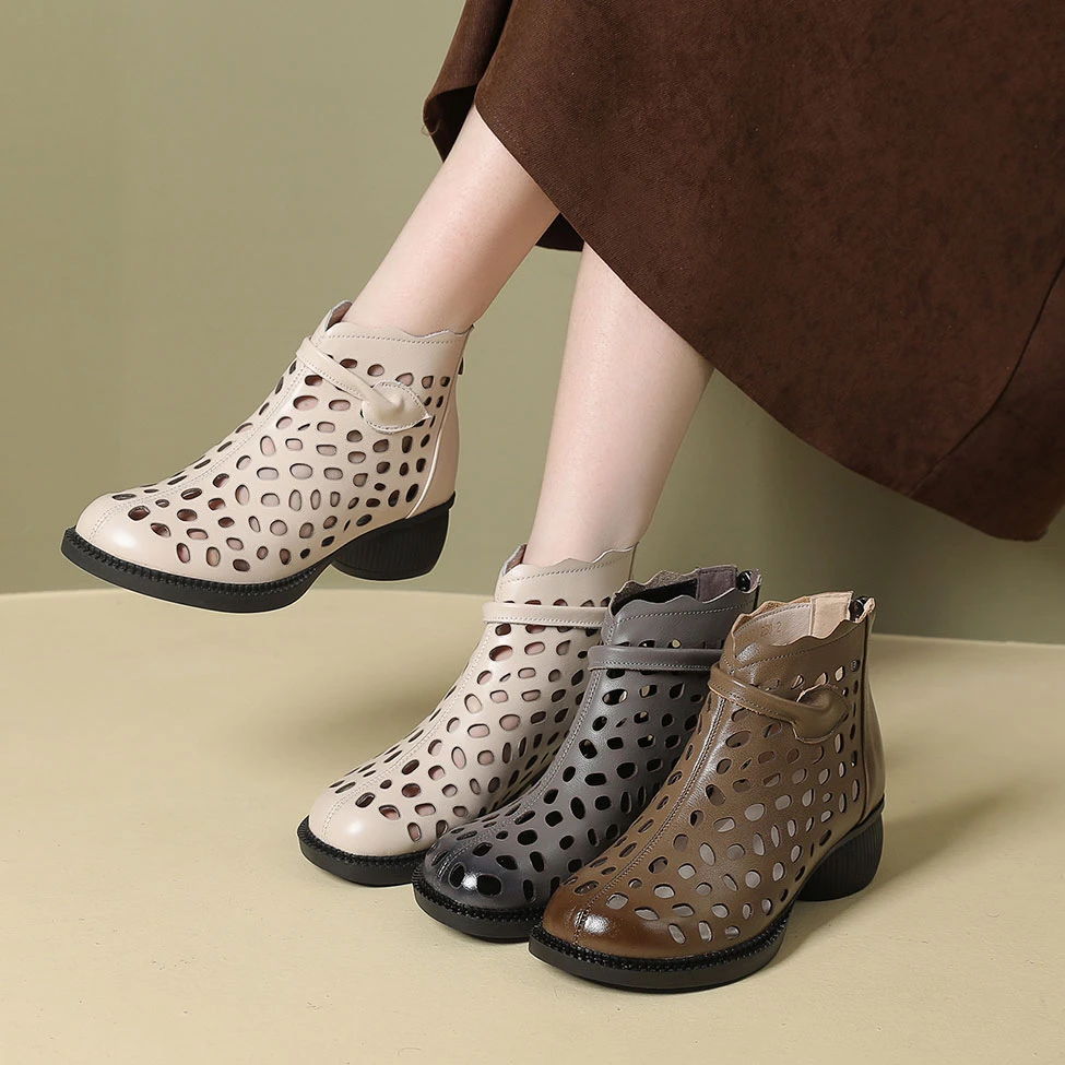 牛皮镂空短靴春夏新款凉靴舒适软底真皮平底透气洞洞靴子妈妈凉鞋