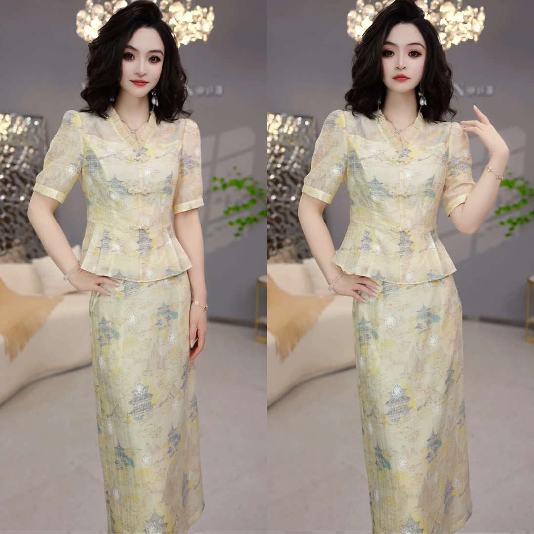 上衣+半身裙 2025春季洋气减龄温柔气质设计感修身显瘦套装M-4XL