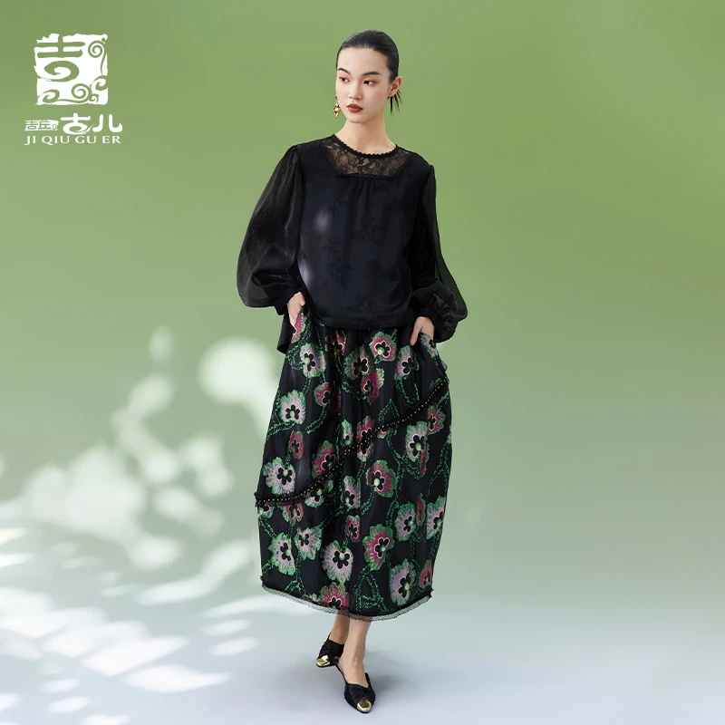 吉丘古儿明月露白提花上衣复古时尚甜美灯笼袖百搭衬衫女G241Y025