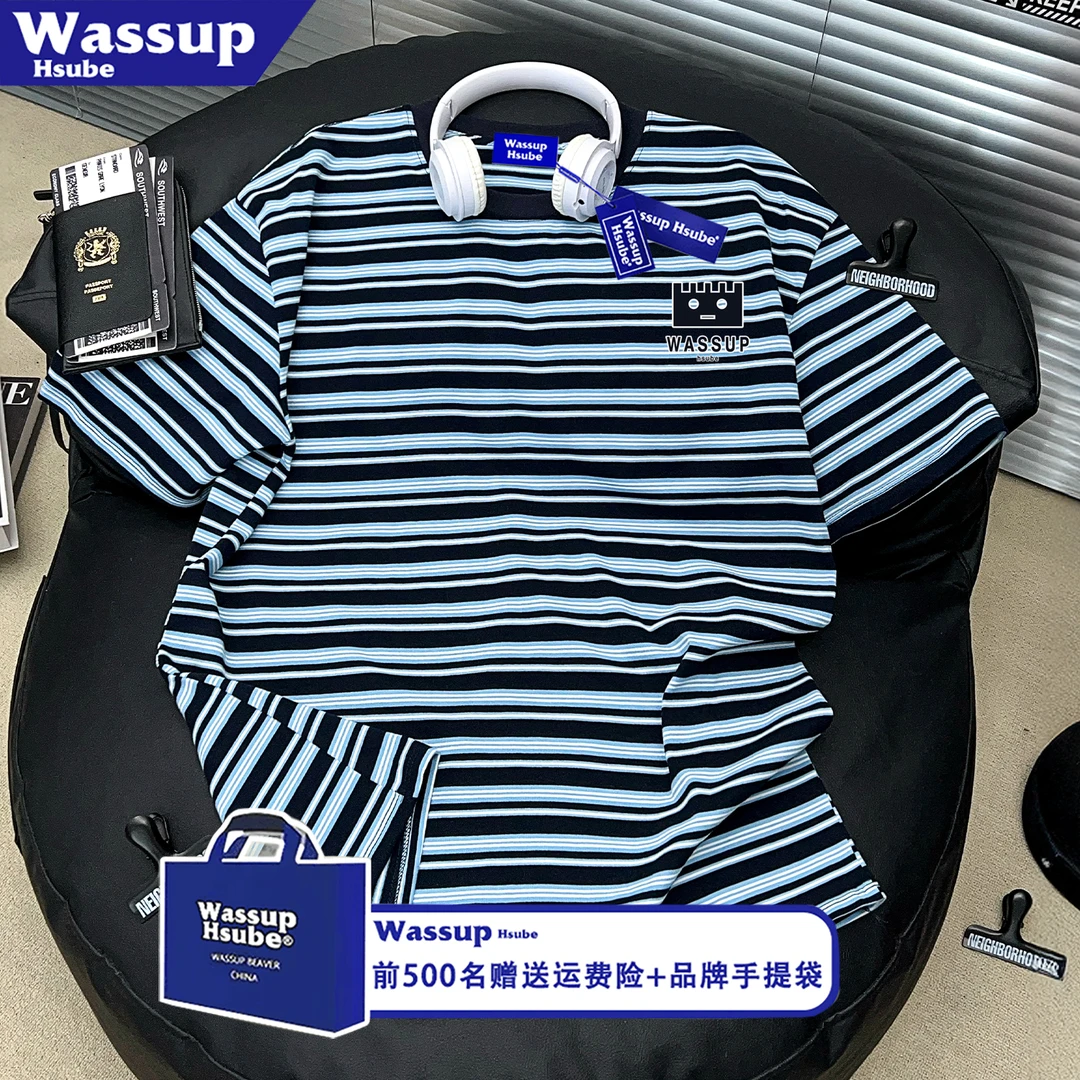 WASSUP HSUBE潮牌新款蓝色条纹短袖T恤男方块表情印花宽松上衣女