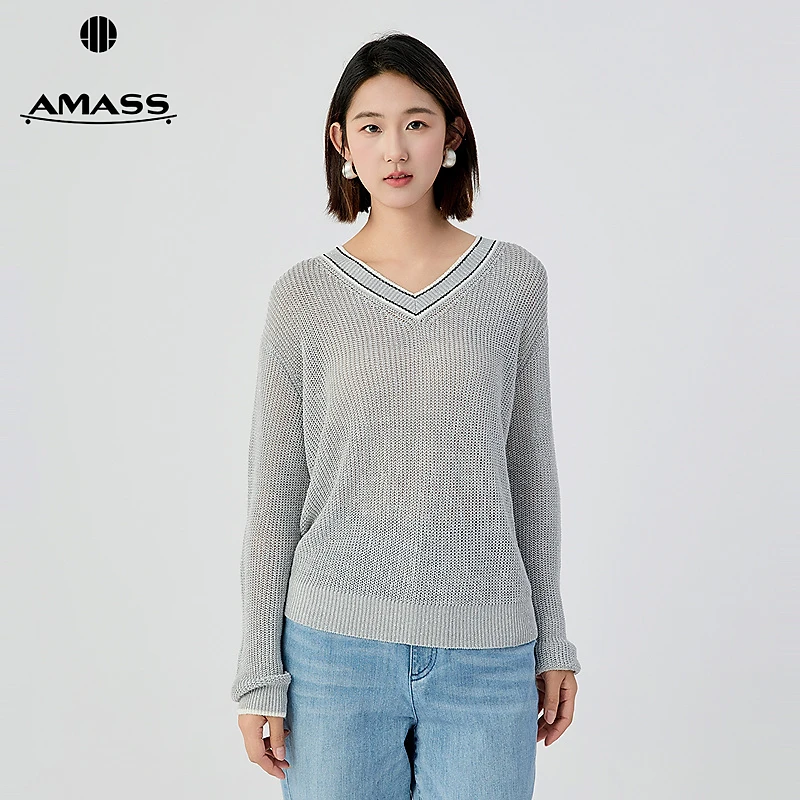 阿玛施AMASS新款女装松弛慵懒风珠片V领撞色亚麻套头针织衫538042