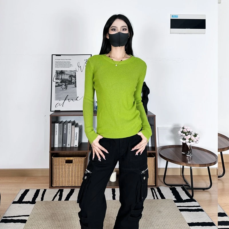 （清清款）92733潮牌秋冬新款高弹纯色百搭休闲圆领长袖针织毛衣