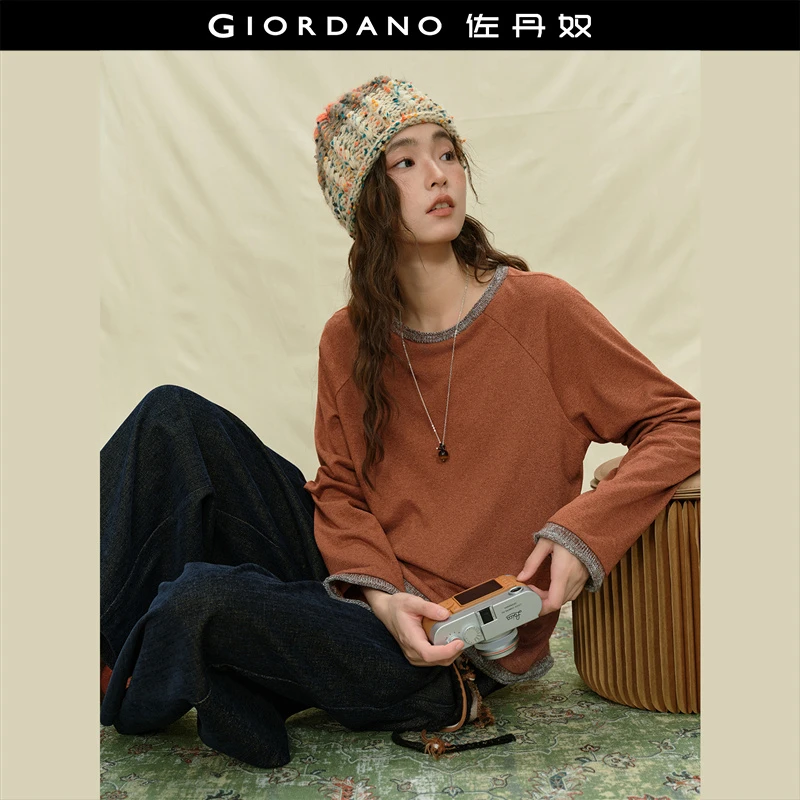 佐丹奴设计师新款拼接撞色流光风圆领插肩秋冬长袖T恤女18325628