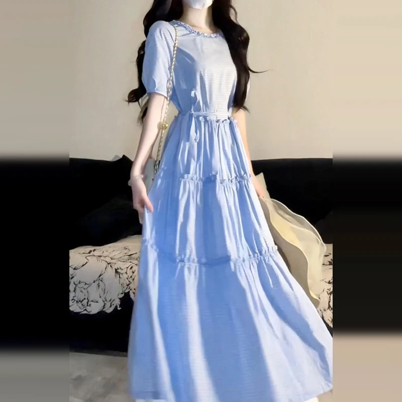 法式温柔风蓝色格子连衣裙子女夏季2025新款小个子超好看绝美长裙