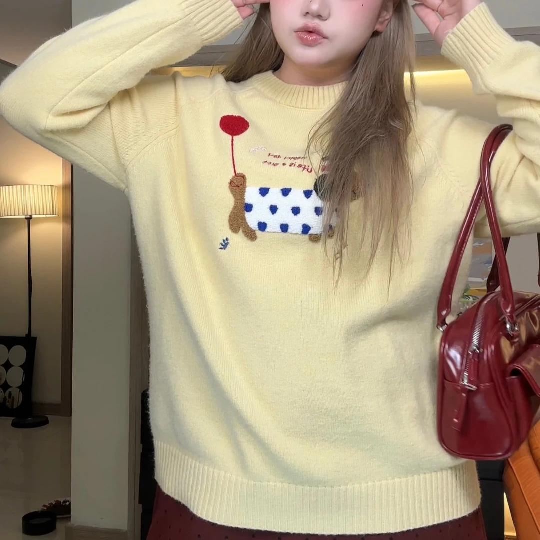 096#网络套头毛衣女秋冬2024年新款卡通刺绣慵懒针织衫小个子上衣