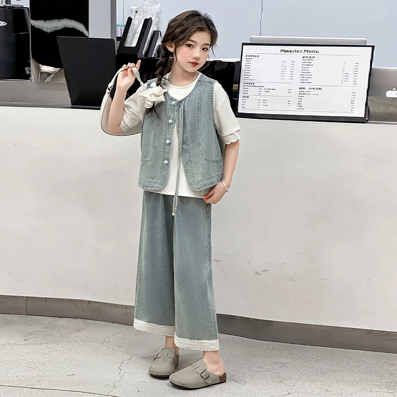 女童套装夏装2025新款儿童洋气休闲马甲短袖女孩薄款牛仔裤三件套