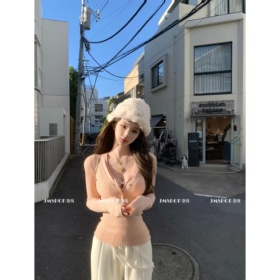 纯欲长袖针织衫女真两件2025秋冬高级感修身显瘦超好看打底衫毛衣