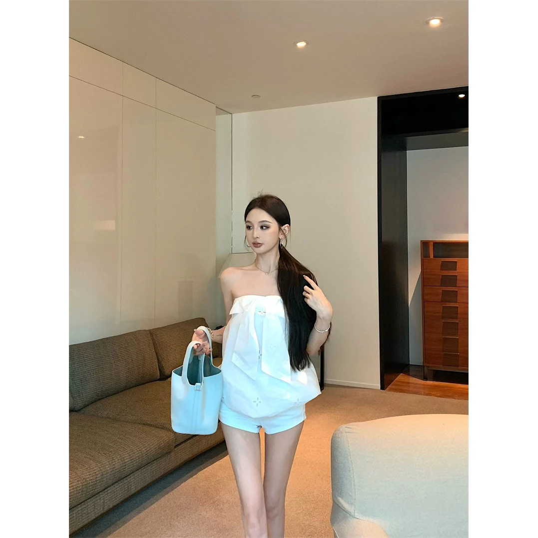 抹胸夏季甜欲高级外穿宽松白色花苞上衣短裤套装#8206